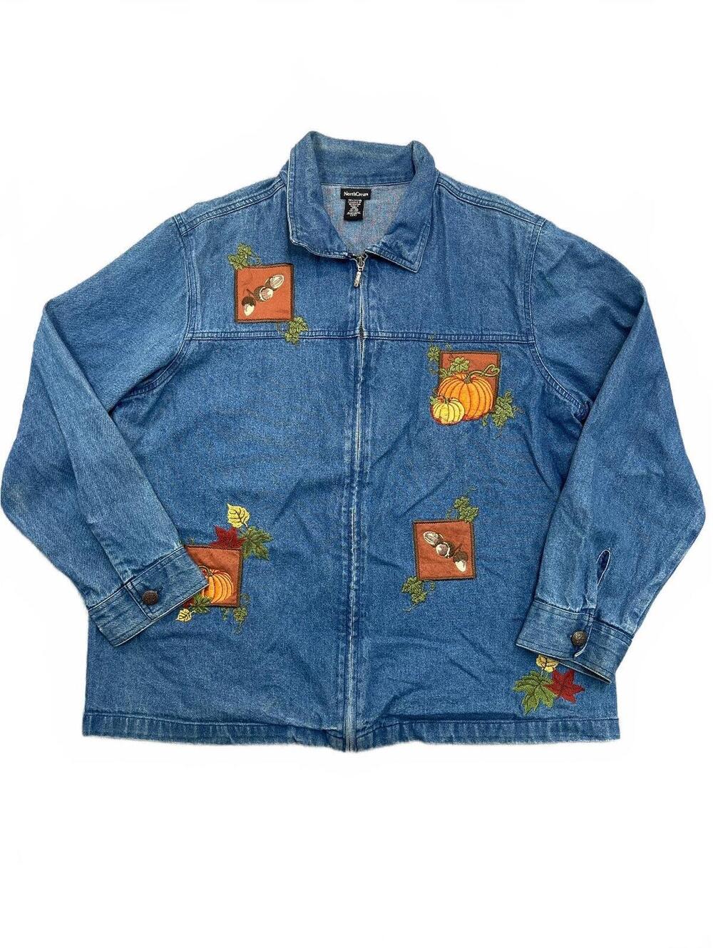 VTG NorthCrest Denim Jacket Women 2X 18W/20W Fall Pumpkin Acorn Leaf Patch Zip